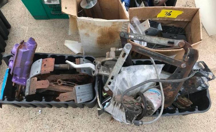 lot 38 image: Lot of misc Drum Brakes, door related parts, wiper motor, hood hinges (All Mopar, Challenger, Charger)