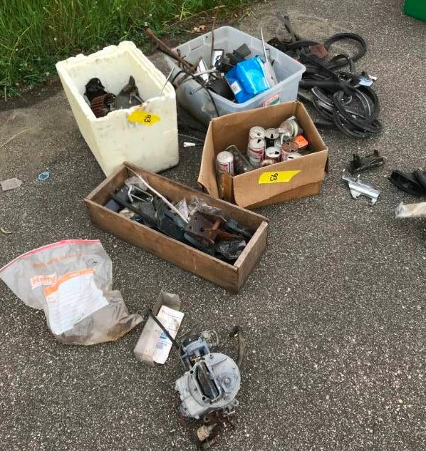 lot 93 image: Old Budweiser Cans, Weatherstrip, Harley parts, Car and More