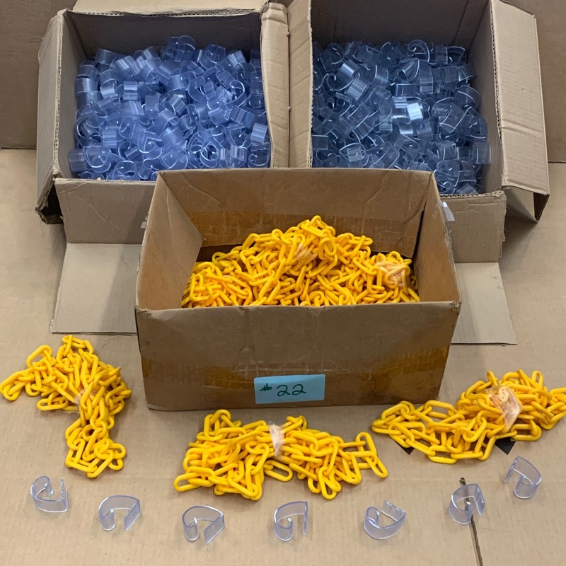 lot 22 image: (2) Boxes Of Table Skirting Clamps & (1) Box Of Plastic Chain