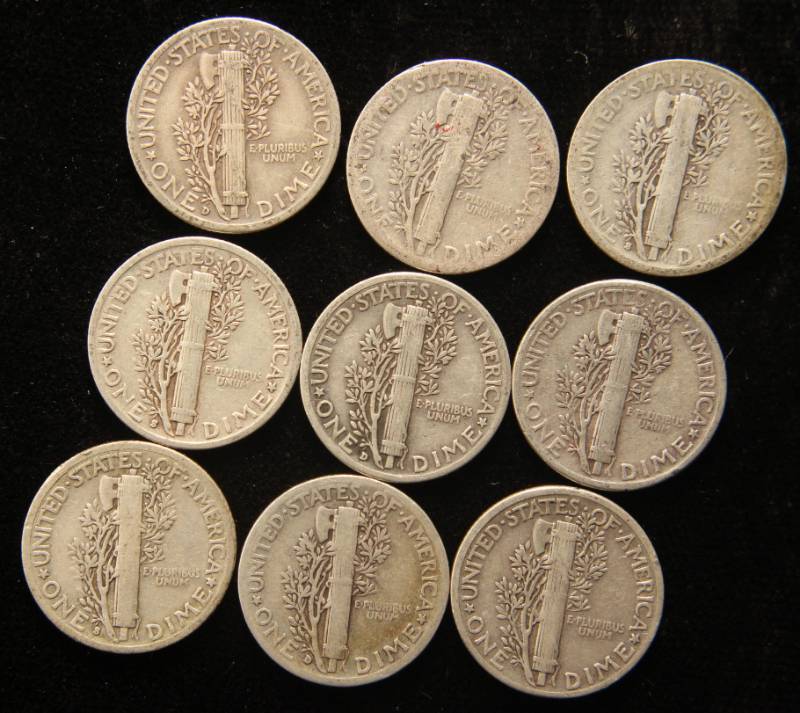 GROUP OF 9 MERCURY SILVER DIMES