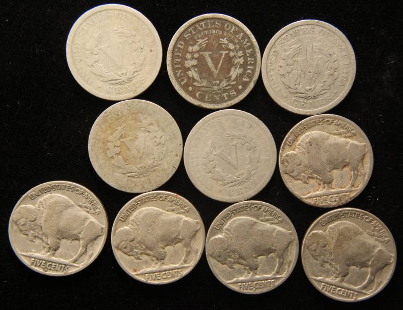 GROUP OF 10 NICKELS 5 LIBERTY & 5 BUFFALO