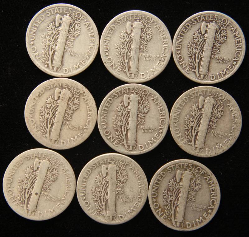 GROUP OF 9 MERCURY SILVER DIMES