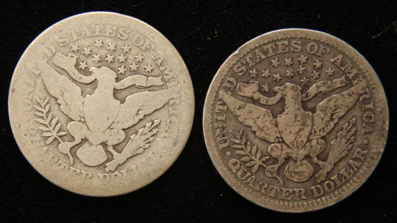 2 BARBER SILVER QUARTERS 1903 1907