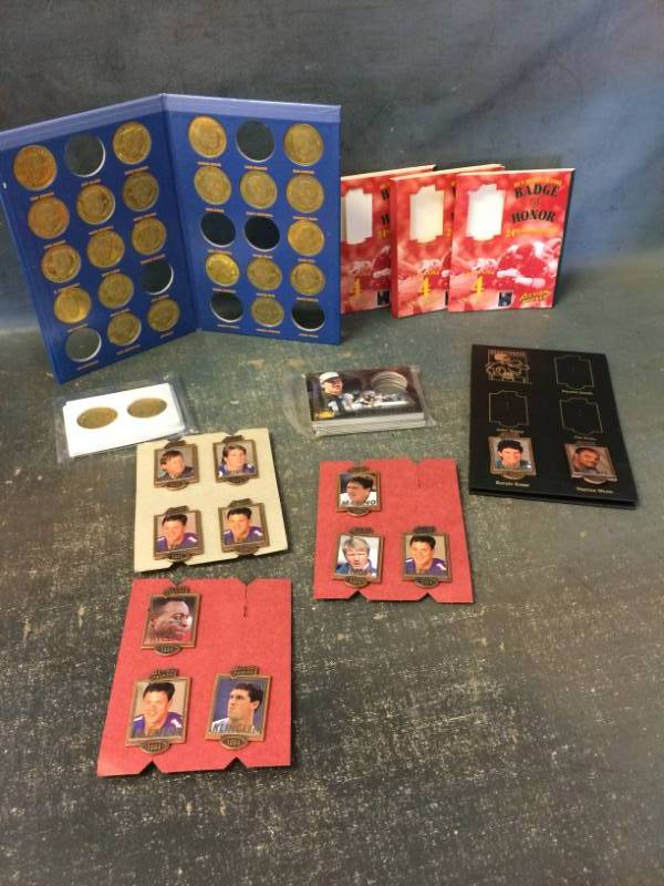 lot 48 image: Collection of Action Packed Football Players Pins and Pinnacle Football Coins with Cards