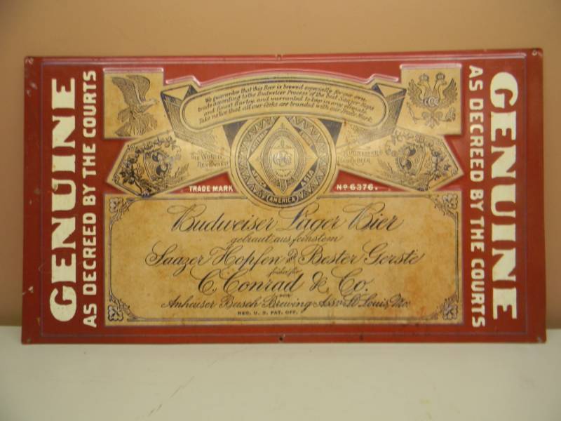 lot 17 image: VINTAGE BUDWEISER BEER GENUINE TIN BAR SIGN - APPROX 34 BY 19 - SEE PICTURES
