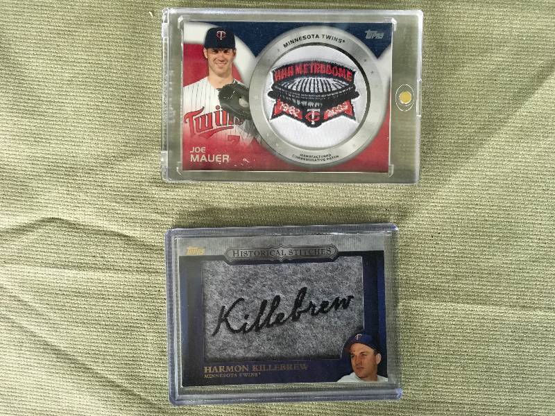lot 406 image: 2014 Joe Mauer Commemorative Patch CardHarmon Killebrew Commemorative Historical Stitches Patch Card