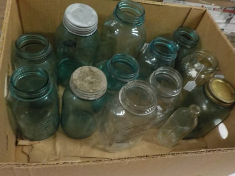 9 Blue Jars and 4 Clear...