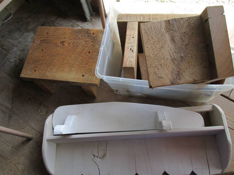 lot 113 image: Tote full of barnwood step stools a...