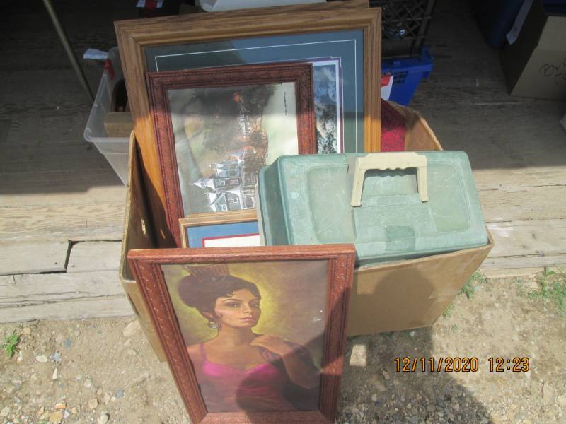 lot 185 image: Vintage canvas prints, tackle box, ...