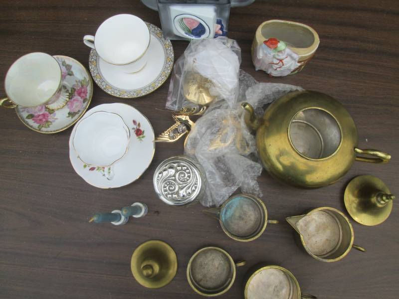 lot 150 image: Stacking brass tea for 2 pot and teacups