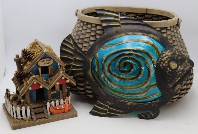 Wicker Basket, Fish Wall Hanging & Cabin Dcor