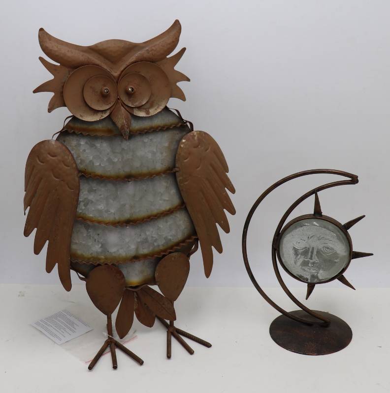 Metal Owl w Solar Eyes & Glass Sun Candle Holder