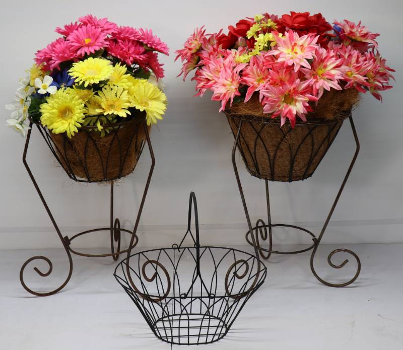 2 Heavy Duty Plant Stands w Baskets & Wire Basket