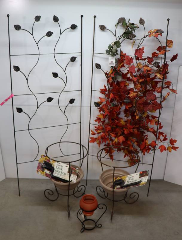 Trellis, 2 Flowerpot Stands, Flower Box Deck Brackets, Fall Vines, Glass Vase w Stand