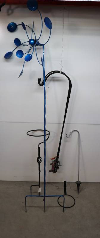 Metal Blue Windmill, 3 Metal Deck Flower Pot Hooks