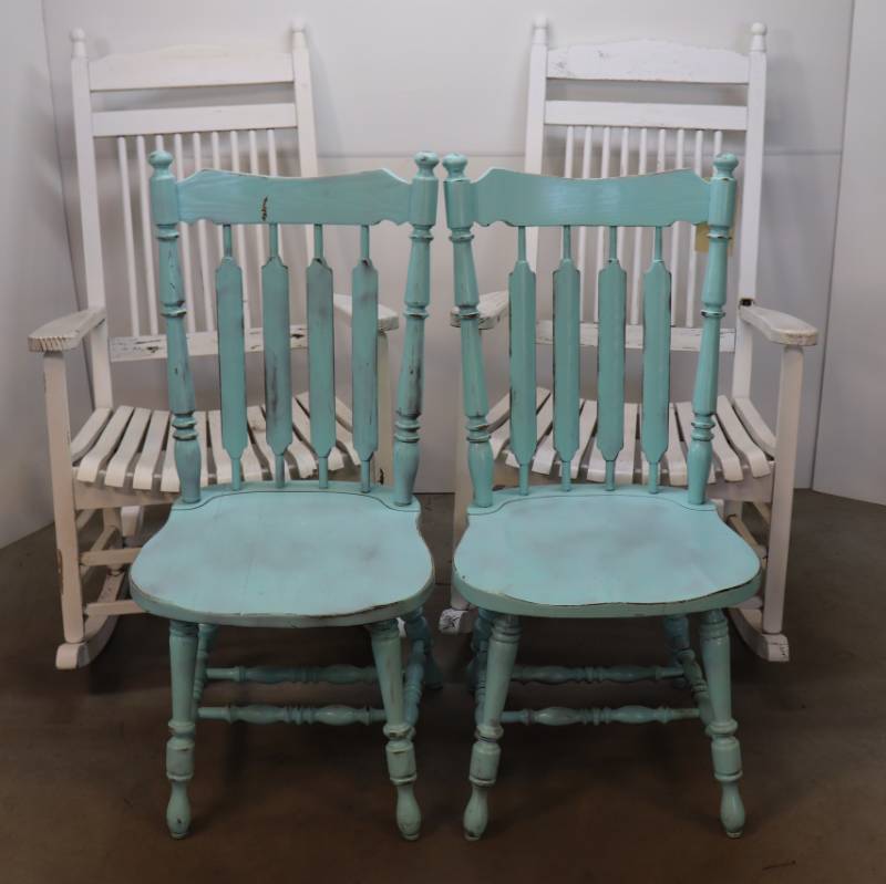 4 Wooden Vintage Chairs (2 Rockers, 2-Aqua Chairs)