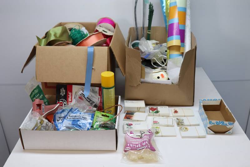Misc Ribbons, Floral Pics, Flowerpot Wrap, Floral Tape, Glue Gun, Glue Sticks