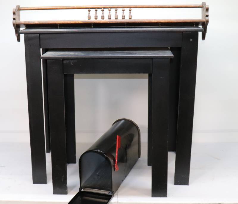 2 Wood Tables, Metal Mailbox & Shelf
