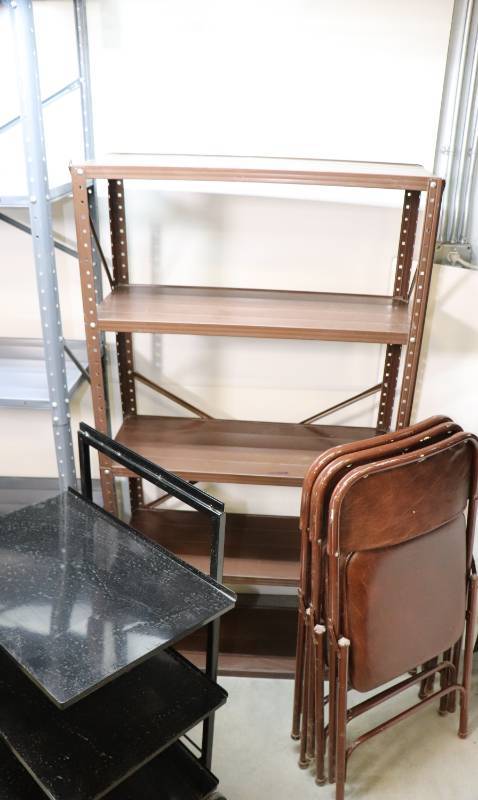Metal ShelvingPadded Folding ChairsGarbage CanRolling Metal Shelf Cart