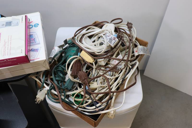 Huge Lot of Extension Cords, Misc Office Supplies, Black Desk, Storage Drawer