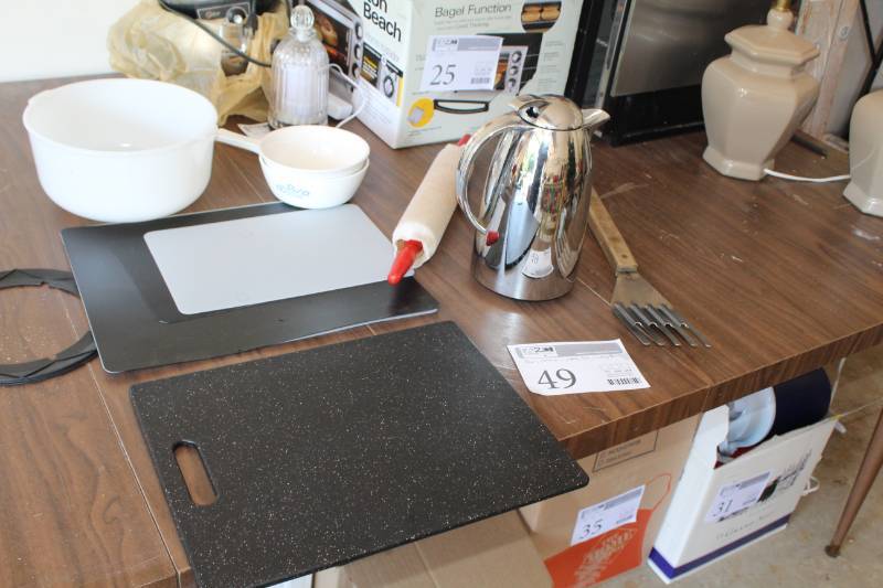 lot 49 image: Bowl, Rolling Pin, Coffee Pot, Cutting Boards, Spatula