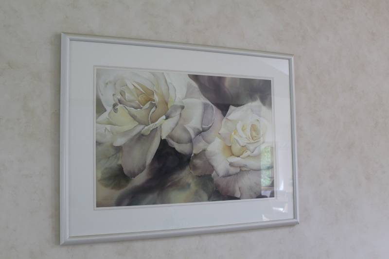 lot 132 image: White Roses Painting by Jeanne Hansen #119750 Signed Framed Matted Wall Art