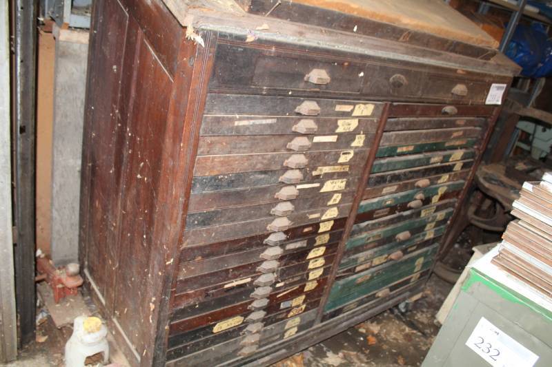lot 233 image: Storage Cabinet, Franklin Type Foundry Printing Press Typeset
