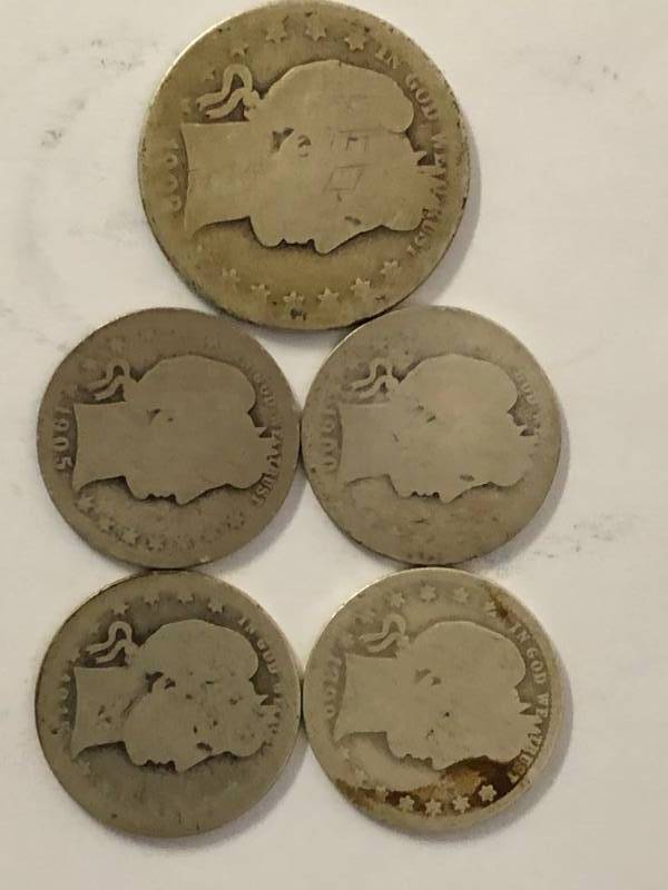lot 79 image: 1909 Barber Half & 4 Barber Quarters 1899, 1900, 1905, 1915