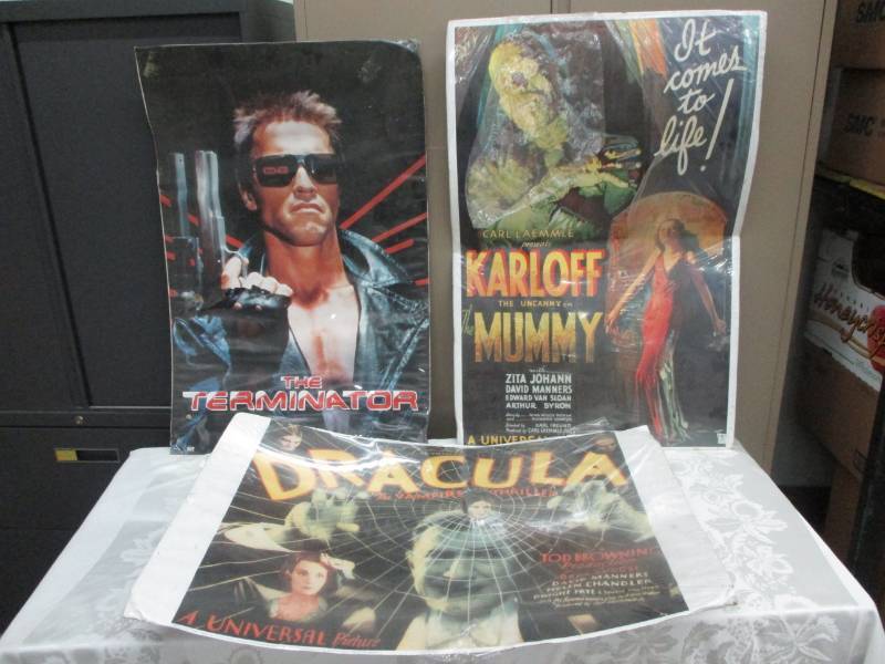 lot 94 image: 3 Old Posters, A Universal Picture, The Mummy, 2ft x 3 ft, The Terminator Same Size and Dracula
