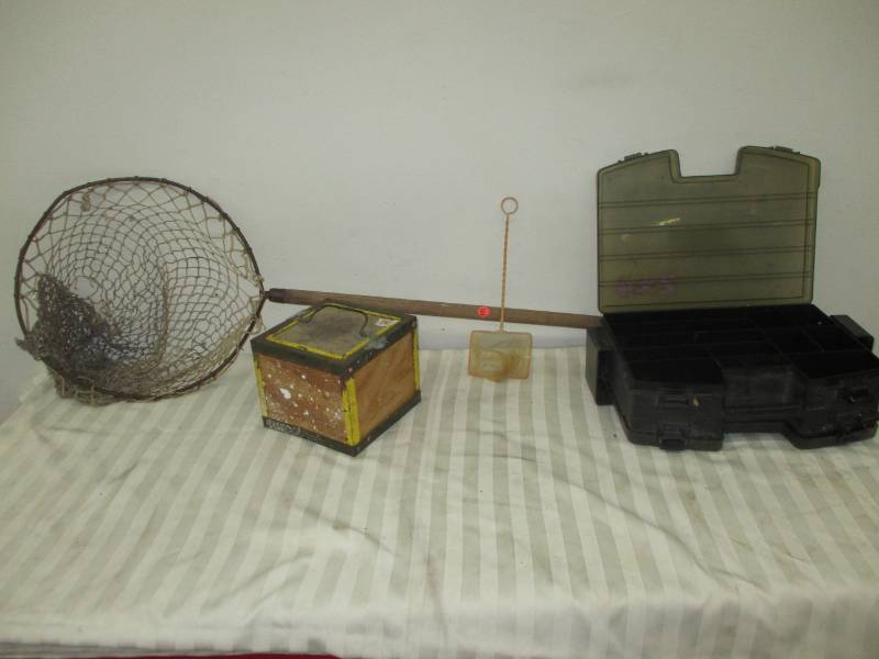 lot 121 image: Antique Net, Bait Box and Tackle Box