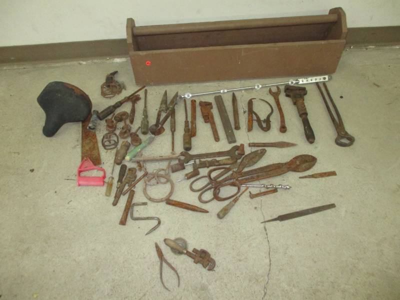 lot 127 image: Antique Wood Tool Box about 3 ft long and all the old tools and Rustic Items