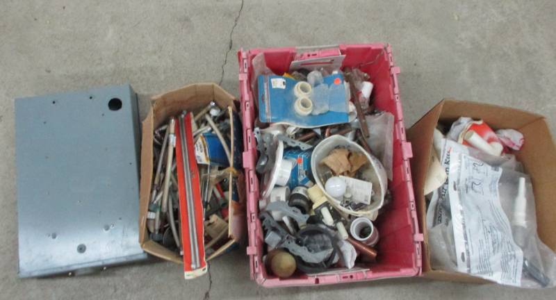 lot 130 image: 2 Boxes and a Tub full of Copper Pieces, Plumbing Pieces, PVC Electircal Box Electrical stuff and More