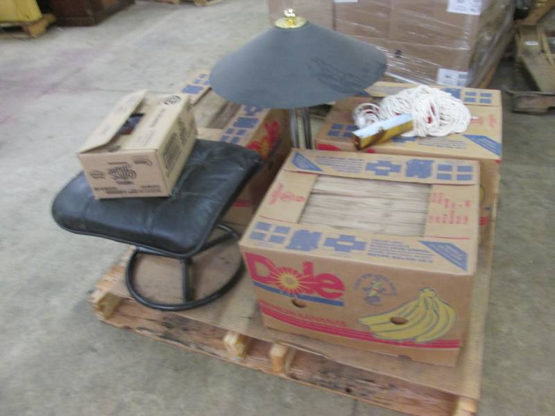 lot 256 image: Pallet Lot Lamp, Ottoman, 3 Boxes...