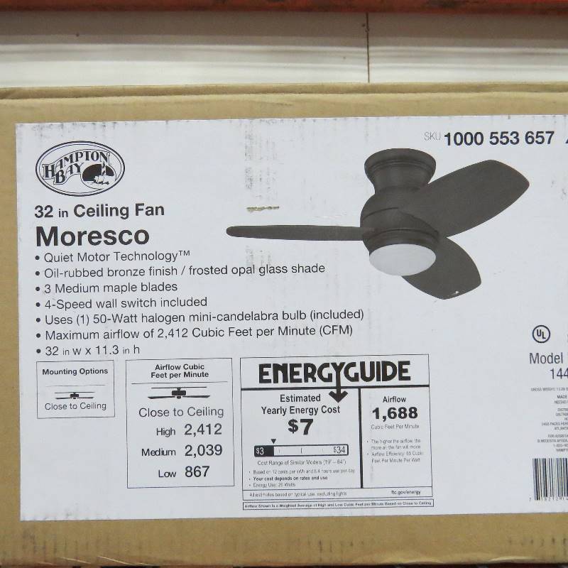 lot 24 image: Hampton Bay Moresco 32 Inch Indoor Oil Rubbed Bronze Ceiling Fan with Light Kit and Wall Control