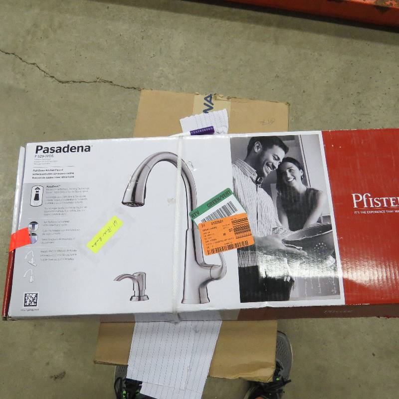 lot 61 image: Pfister Pasadena Single-Handle Pull-Down Sprayer Kitchen Faucet wSoap Dispenser in Stainless Steel