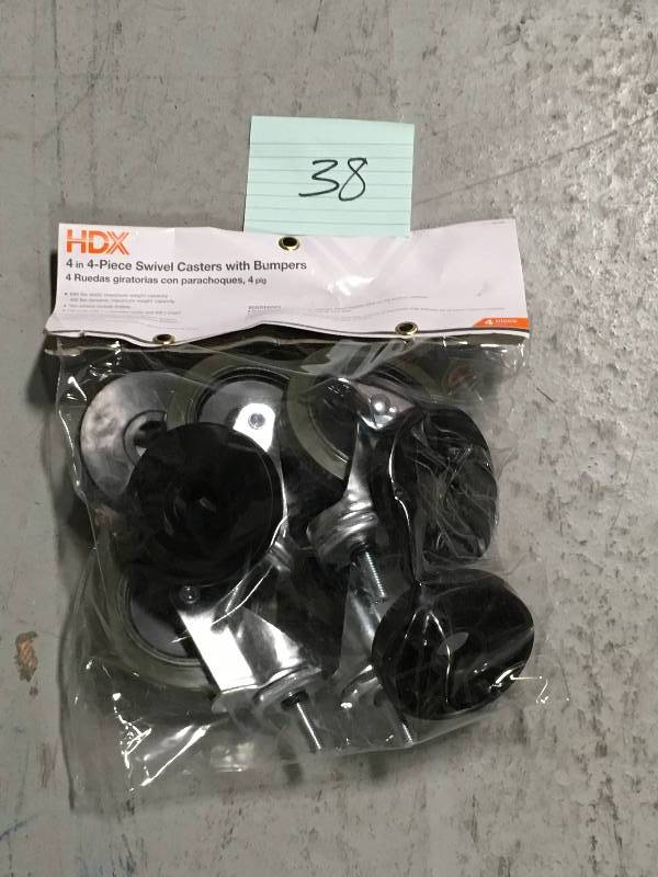 lot 38 image: HDX 4 in 4 PC Swivel Casters with Bumpers in good condition