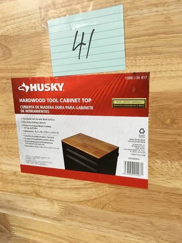 lot 41 image: Husky Hardwood Tool Cabinet Top in good condition