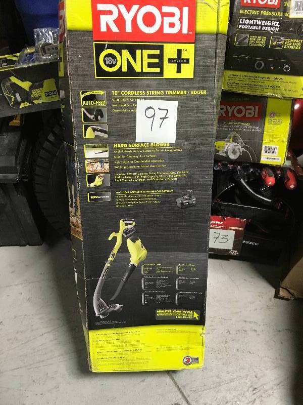 lot 97 image: RYOBI ONE 18-Volt Lithium-Ion String TrimmerEdger and BlowerSweeper Combo Kit - 2.6Ah Battery and Charger Included in good condition