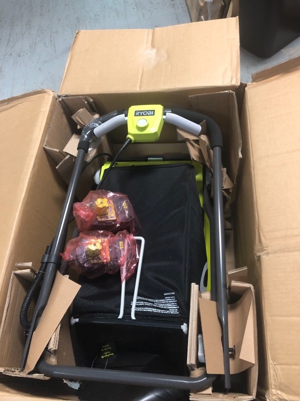 lot 105 image: RYOBI 16 in. ONE 18-Volt Lithium-Ion Cordless Battery Walk Behind Push Lawn Mower Two 4.0Ah BatteriesCharger Included in good conditions