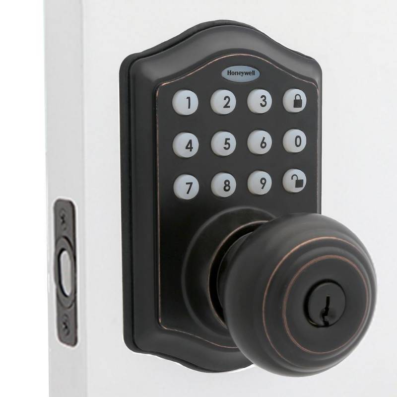 lot 110 image: Honeywell Oil Rubbed Bronze Keypad Electronic Knob Entry Door Lock with Alarm in good conditions