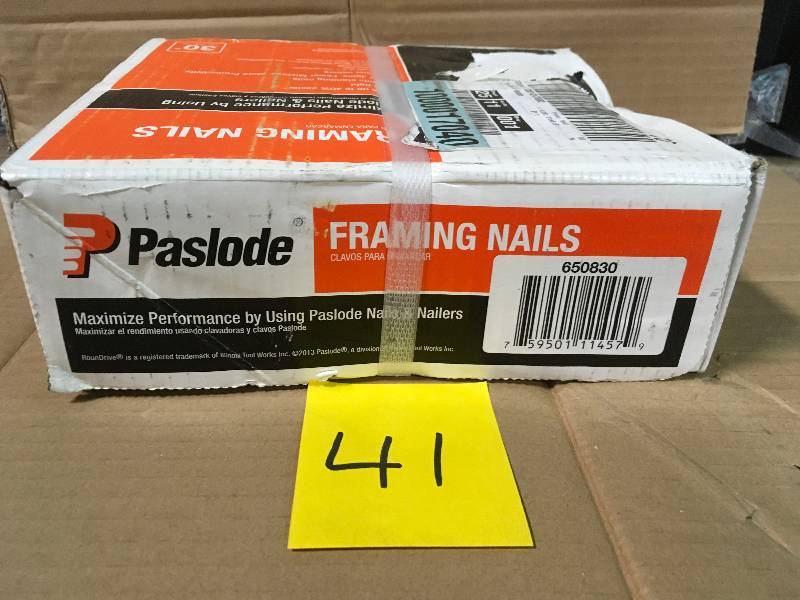 lot 41 image: Paslode 3 in. x 0.131-Gauge 30-Degree Brite Smooth Shank Paper Tape Framing Nails (2500 per Box) not used
