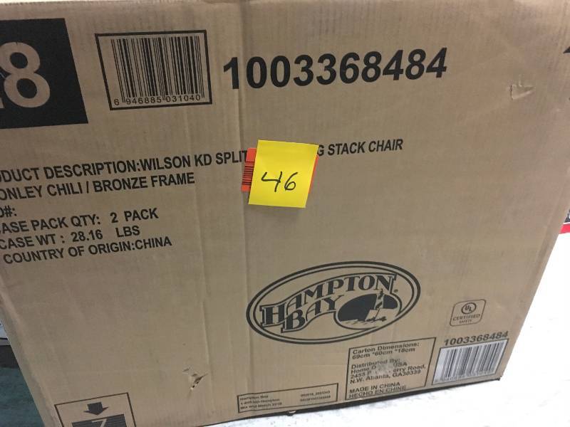 lot 46 image: Hampton Bay Stackable Sling Outdoor Dining Chair in Chili (2-Pack) not used