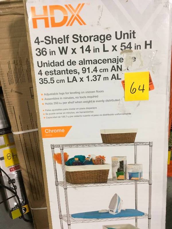 lot 64 image: HDX 54 in. H x 36 in. W x 14 in. D 4 Shelf Wire Unit in Chrome not used