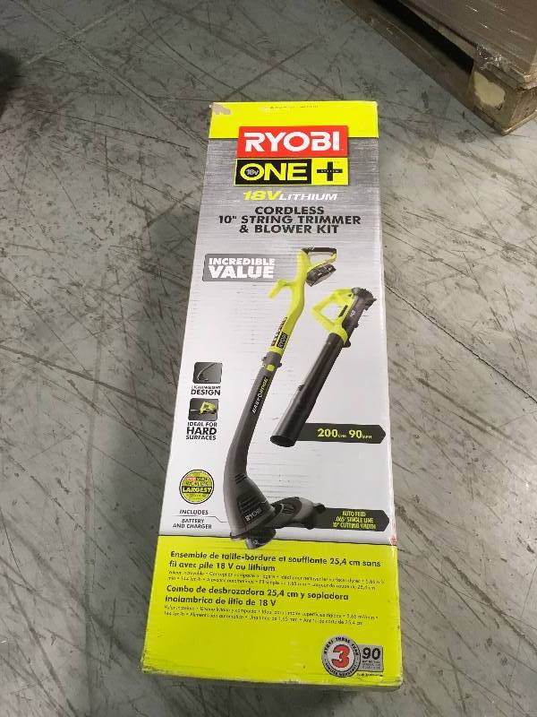 lot 87 image: Ryobi One cordless 10 string trimmer and blower kit in good condition