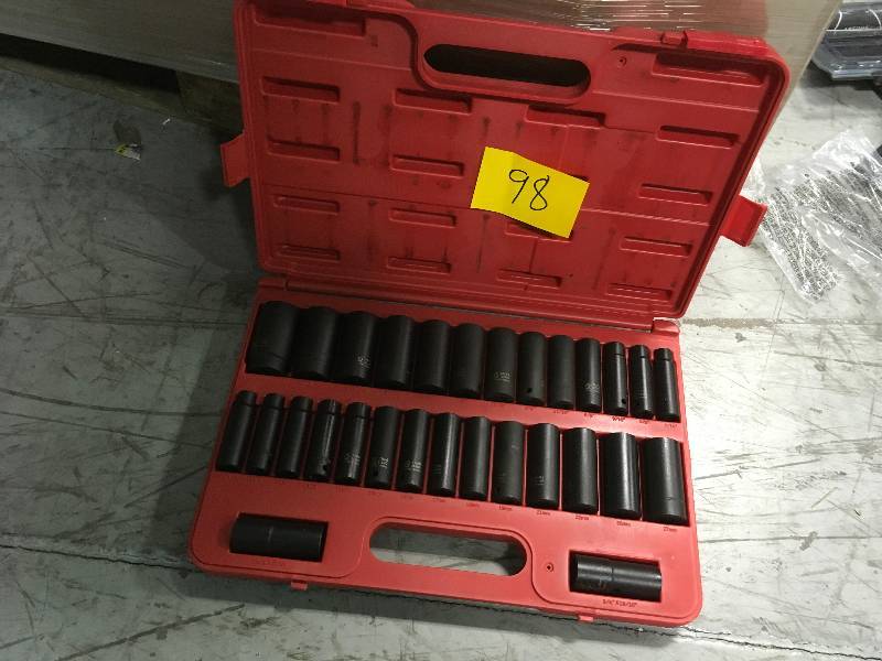 lot 98 image: Sunex 5153DD, 12 Inch Drive Master Impact Socket Set, Double Deep, 29-Piece, SAEMetric, 716 - 1-14, 10mm-27mm, Cr-Mo Steel, Radius Corner Design, Dual Size Markings, Heavy Duty Storage Case