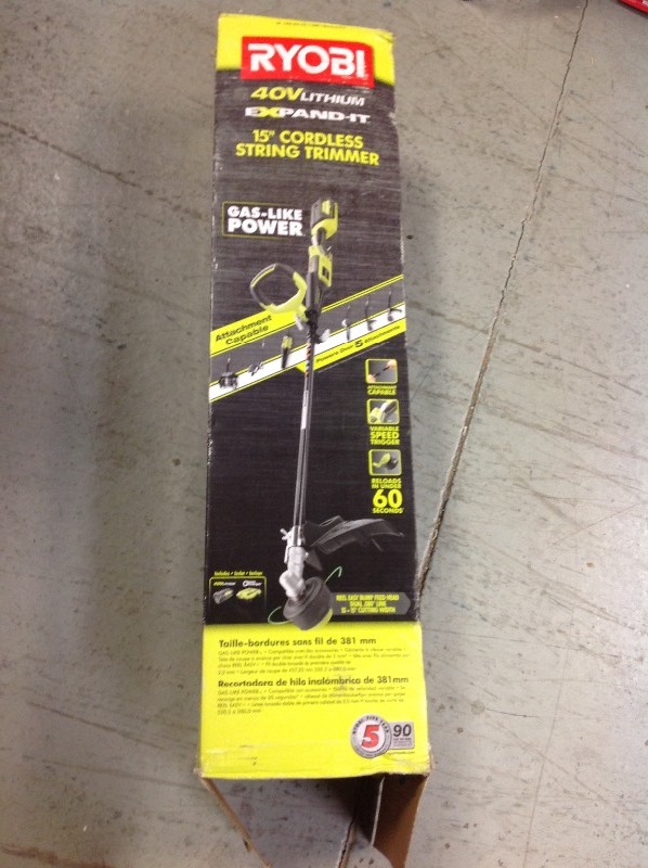 lot 101 image: RYOBI 40-Volt Lithium-Ion Cordless Attachment Capable String Trimmer - 2.6 Ah Battery and Charger Included Close in good conditions