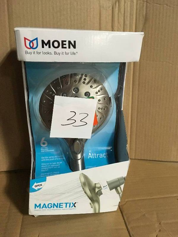 lot 33 image: Moen Attract 6-Spray 5.5 in. Handheld Shower with Magnetix in Spot Resist Brushed Nickel not used