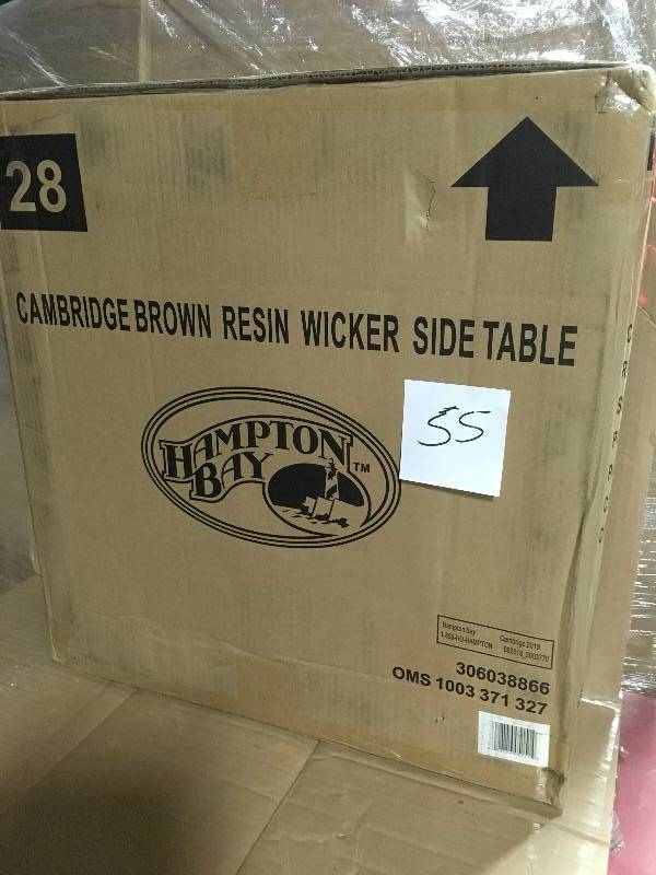 lot 55 image: Hampton Bay Cambridge Brown Resin Wicker Outdoor Side Table not used
