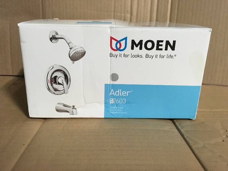 lot 64 image: MOEN Adler 1-Handle 4-Spray Tub and Shower Faucet in Chrome (Grey) in good condition