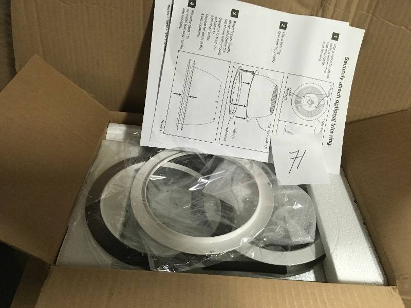 lot 71 image: NuTone White Adjustable 50-80 CFM Ceiling Bathroom Exhaust Fan with Light Easy Change Trim Kit in like new condition